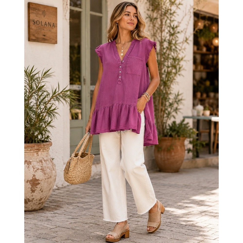 Anthropologie Pilcro Purple Ruffle Henley Tunic Top Women Large Petite Boho